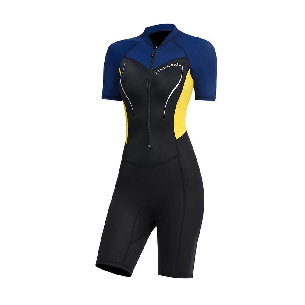 Women's 1.5mm Neoprene Wetsuit SF0577 for surfing and diving, black with blue and yellow accents, short sleeves, front zipper.